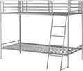 Picture of a metal bunk bed from a 45 degree angle