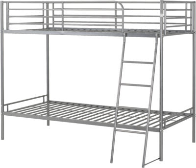 Picture of a metal bunk bed from a 45 degree angle