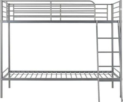 Picture of a metal bunk bed from a straight side on perspective