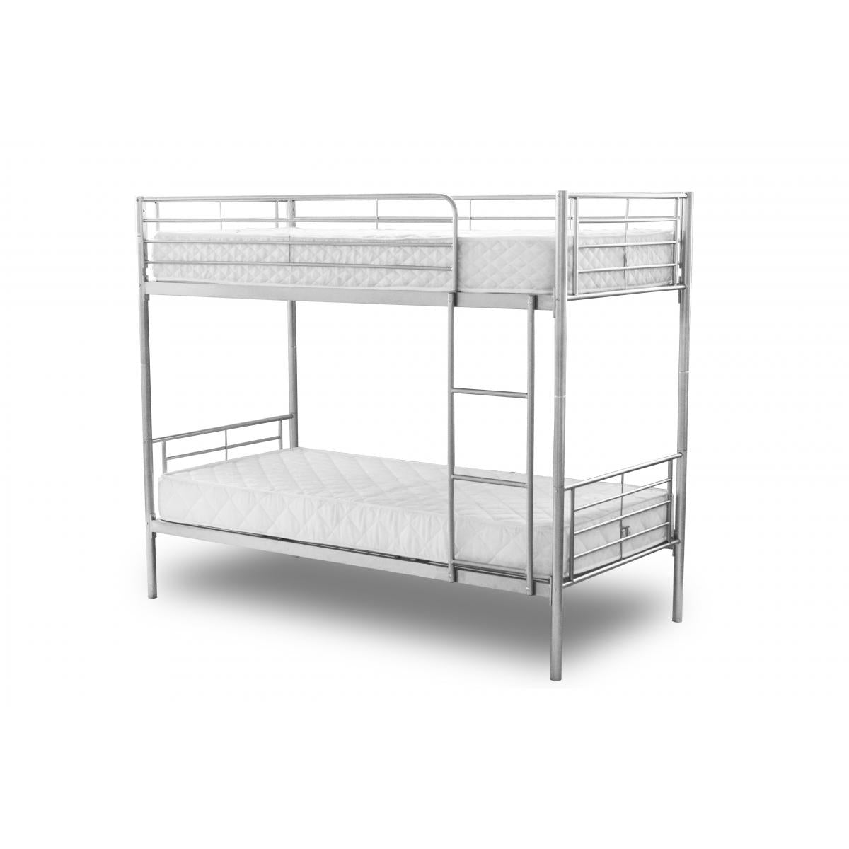 Picture of a metal bunk bed with two single mattresses on the top and bottom bunks from a 45 degree angle