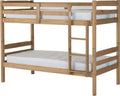 Picture of a wooden bunk bed with two single mattresses on the top and bottom bunks