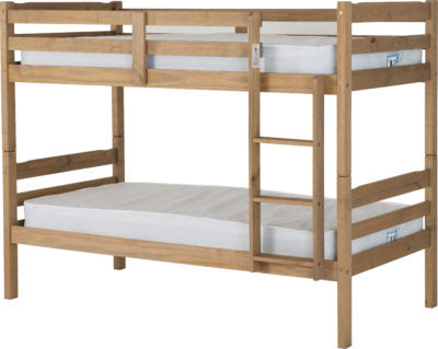 Picture of a wooden bunk bed with two single mattresses on the top and bottom bunks