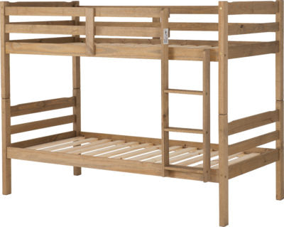 Picture of a wooden bunk bed from a 45 degree angle