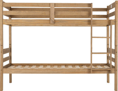 Picture of a wooden bunk bed from a straight side on perspective