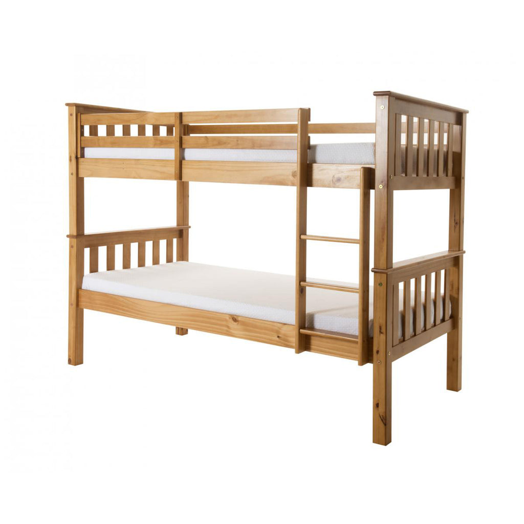 Picture of a wooden bunk bed with two single mattresses on the top and bottom bunks from a 45 degree perspective