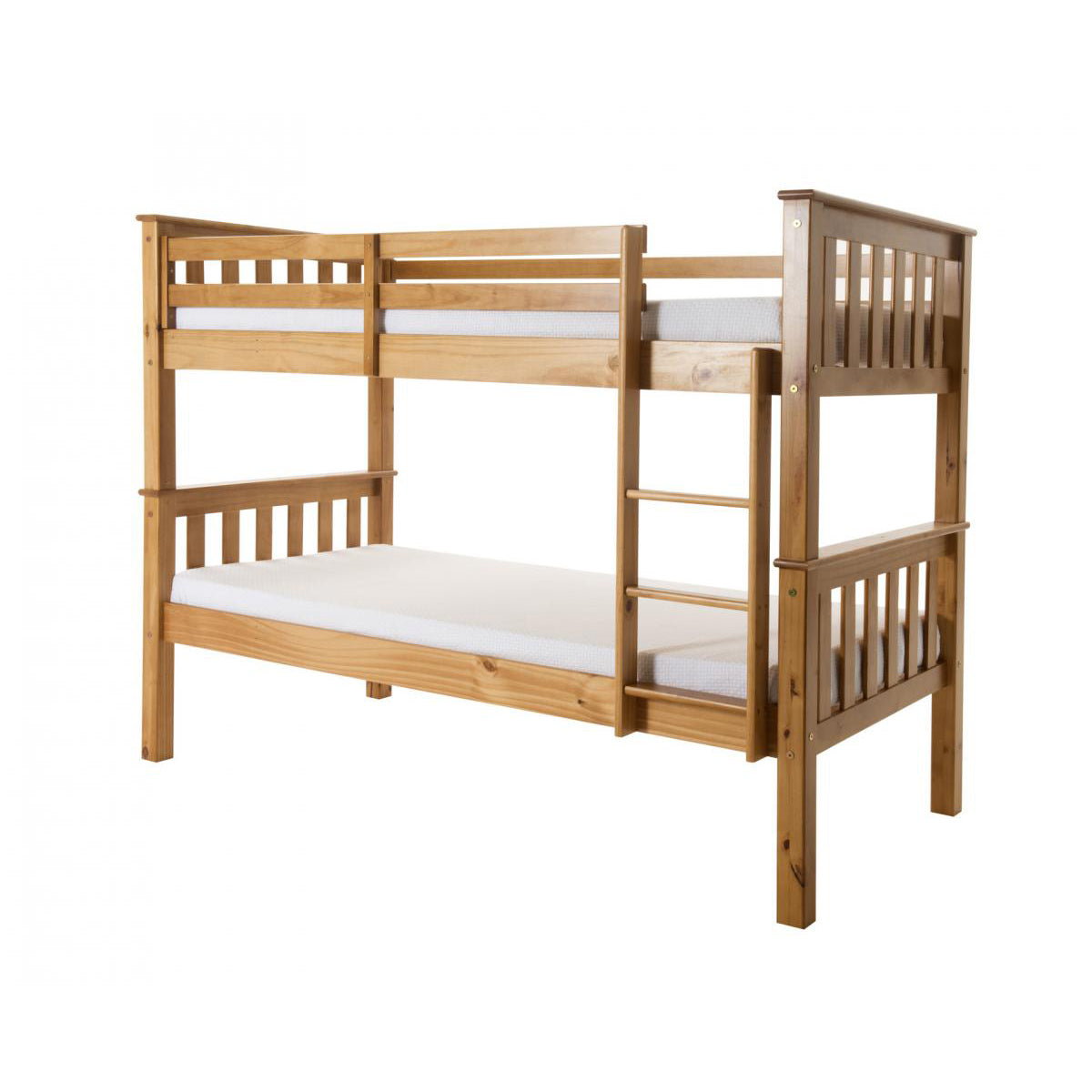 Picture of a wooden bunk bed with two single mattresses on the top and bottom bunks from a 45 degree perspective