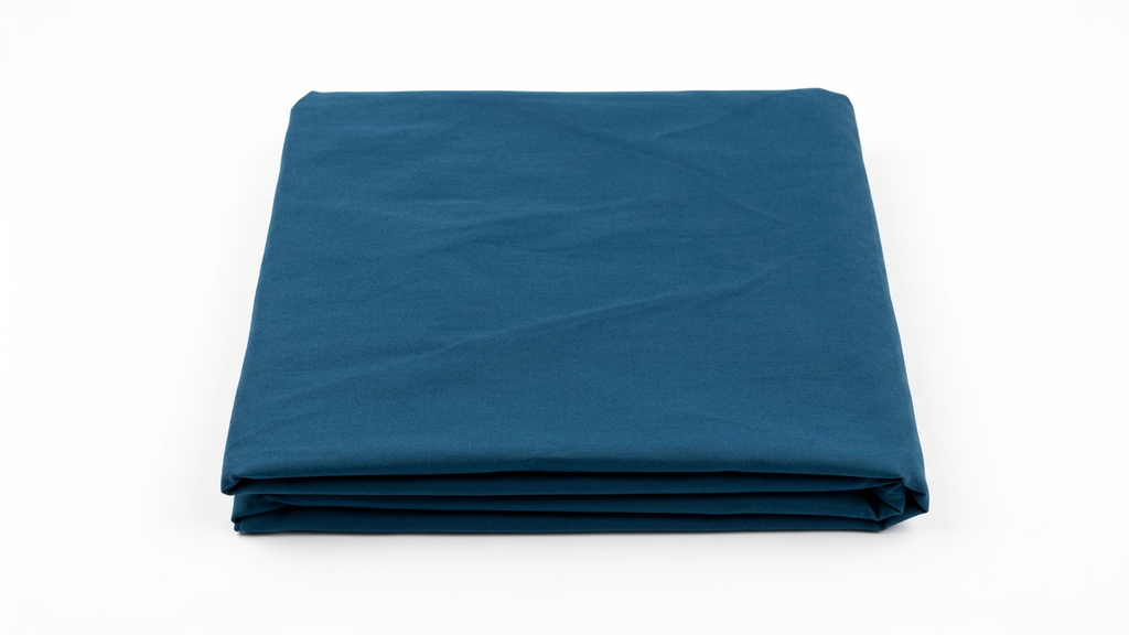 Picture of dark blue bedding, folded on a dark blue background. 