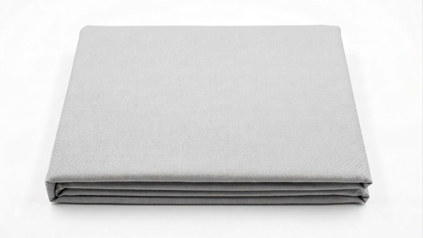 Picture of a light grey bedding on a white background. 