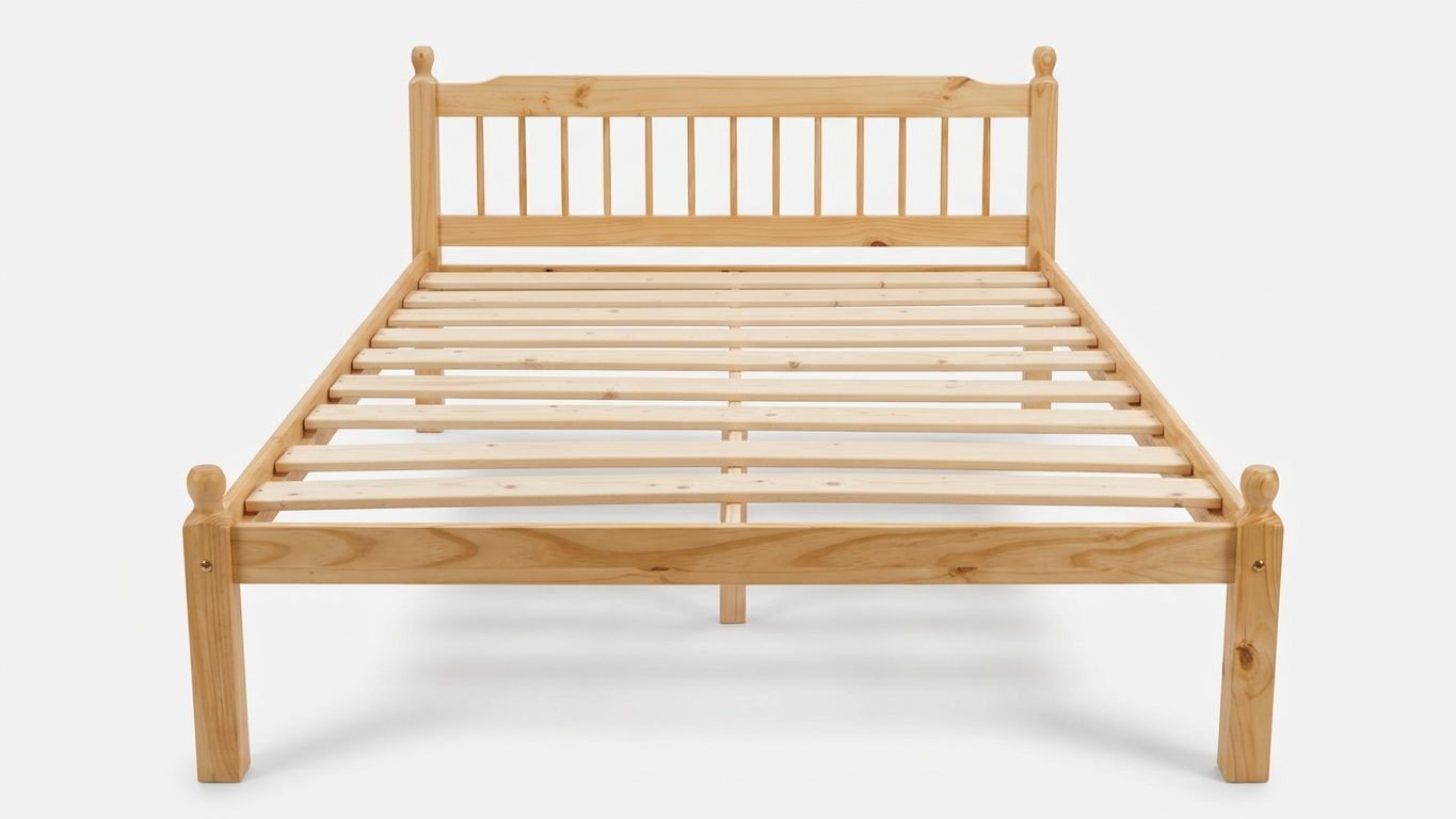 Double Wooden bed frame on a white background from a front on perspective