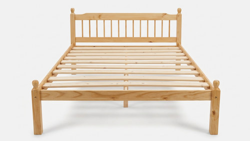 Double Wooden bed frame on a white background from a front on perspective