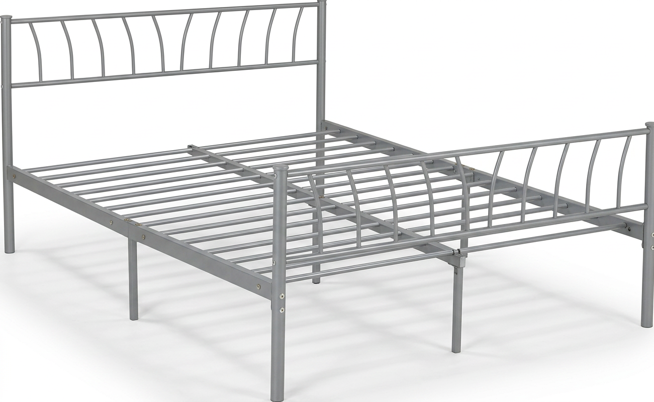 Silver metal double bed frame on a white background