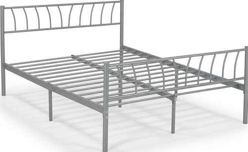 Silver metal double bed frame on a white background