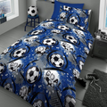 Picture of blue bedding with images of footballs and the word Goal printed on it 