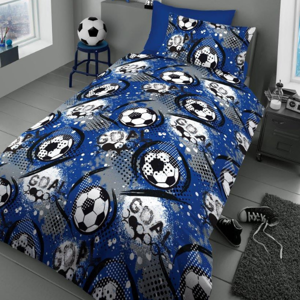 Picture of blue bedding with images of footballs and the word Goal printed on it 