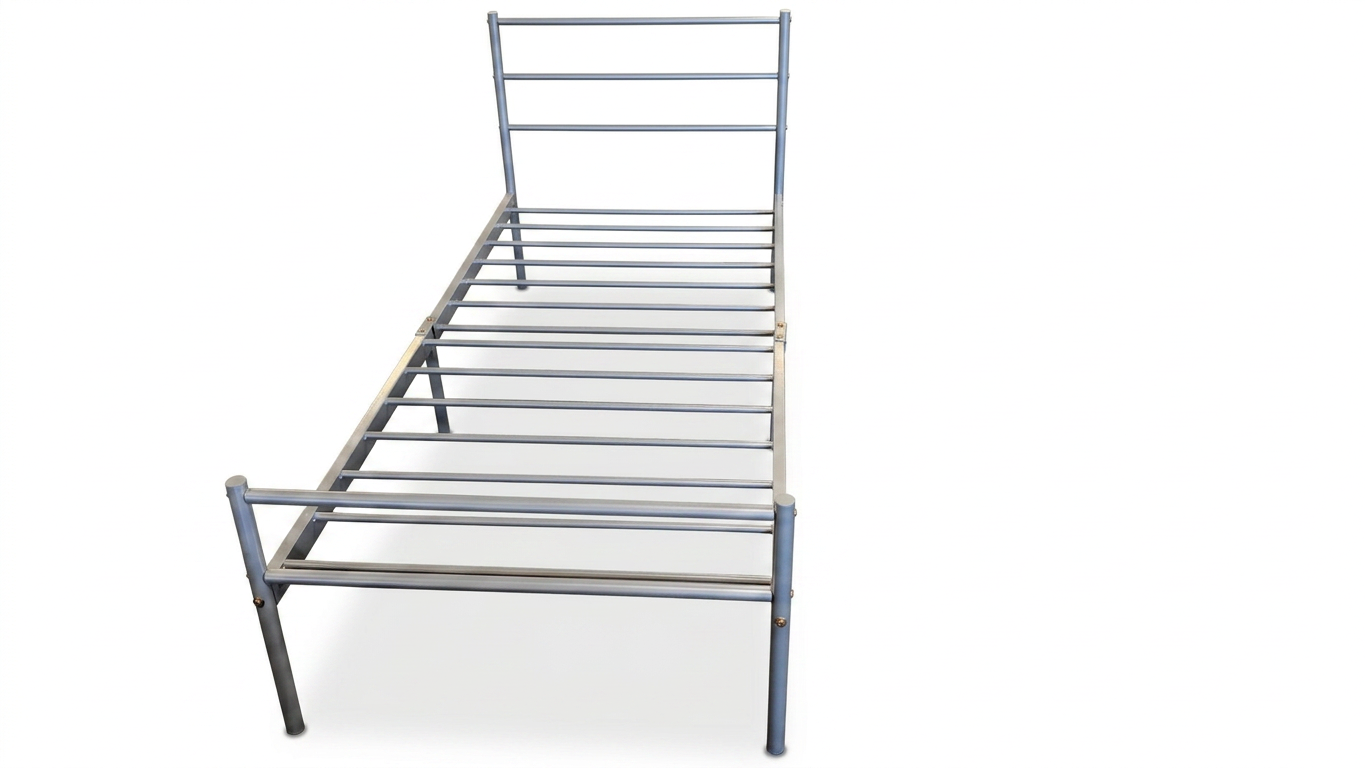 Metal single bed frame on a white background