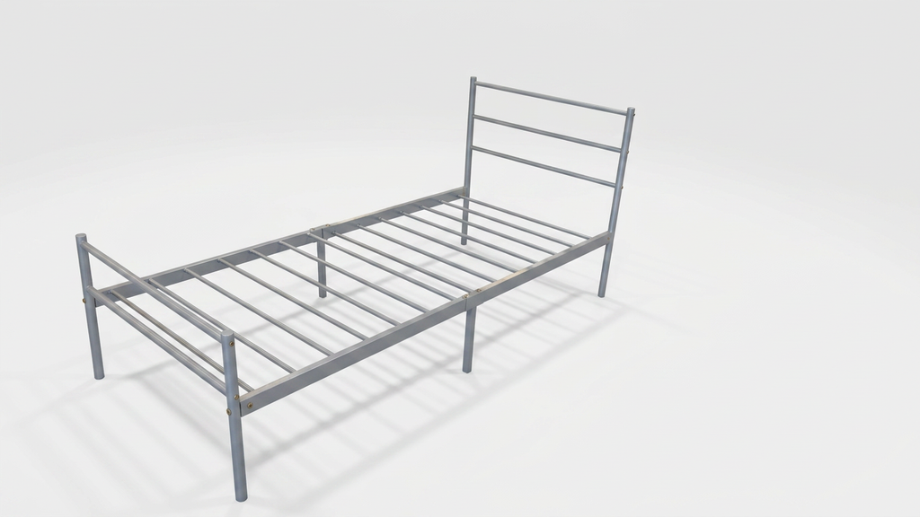 Metal single bed frame on a white background from a side angle
