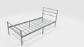 Metal single bed frame on a white background from a side angle